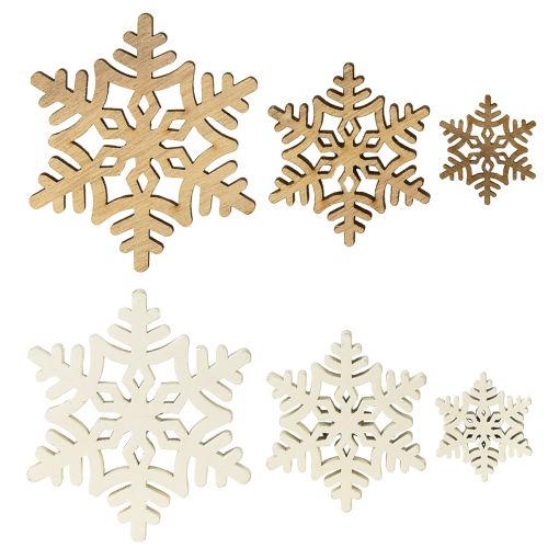 Floristik24 Decorazione in legno con fiocchi di neve, bianchi, naturali, 3/5/7 cm, assortiti, 36 pezzi