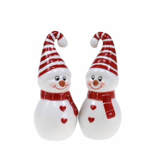 Floristik24 Decorazione natalizia pupazzo di neve in ceramica 10 cm rosso, bianco 2 pezzi