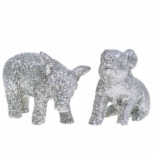 Maiale decorativo Decorazione di capodanno glitter argento 3,5 cm 2 pezzi