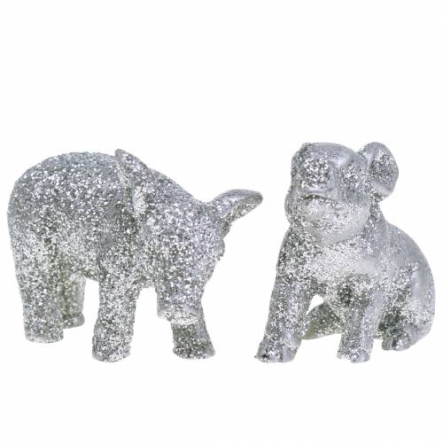 Floristik24 Maiale decorativo Decorazione di Capodanno argento glitter 3,5 cm 2 pezzi