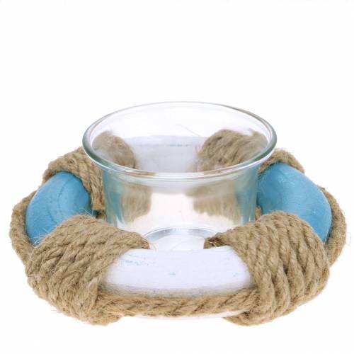 Lanterna decorazione nautica in vetro con salvagente blu, bianco Ø12cm