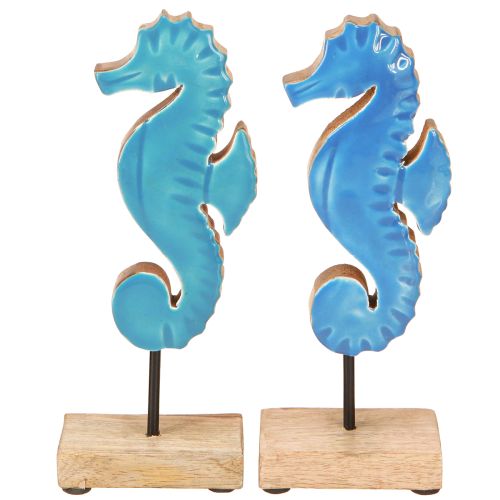 Decorazione cavalluccio marino legno blu naturale marittimo H21cm 2pz
