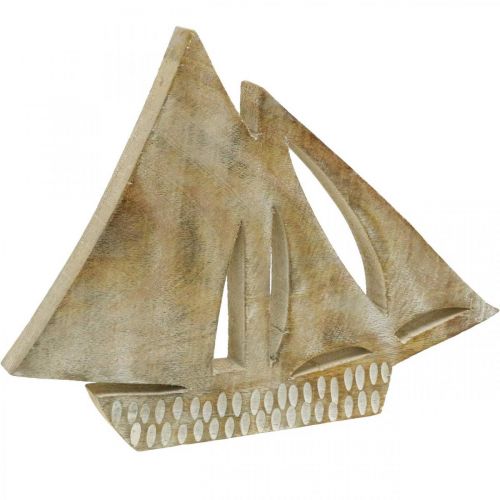 Barca a vela in legno, decorazione marittima, barca in legno colore naturale, bianco H23cm