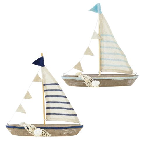 Nave decorativa barca a vela in legno vintage con conchiglie H22cm 2 pezzi