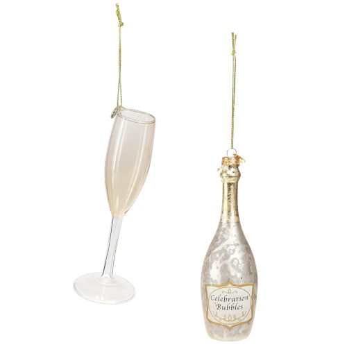 Prodotto Bottiglia e bicchiere di champagne, decorazioni per l&#39;albero, anniversario, decorazioni in vetro da appendere, Capodanno H14.5cm vero vetro set di 2