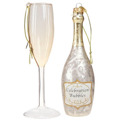 Prodotto Bottiglia e bicchiere di champagne, decorazioni per l&#39;albero, anniversario, decorazioni in vetro da appendere, Capodanno H14.5cm vero vetro set di 2