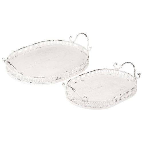 Vassoio ovale Shabby Chic con manici bianco 36/45cm set da 2 pezzi