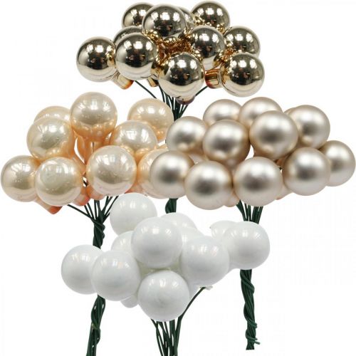 Floristik24 Mini palline di Natale su filo oro, crema Ø1,5cm 140 pz