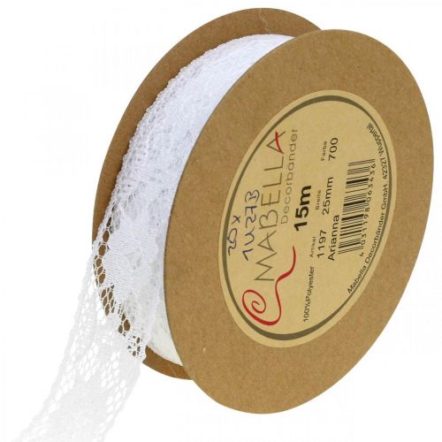 Floristik24 Nastro di pizzo bianco, decorazione di nozze, motivo floreale a nastro decorativo L25mm L15m