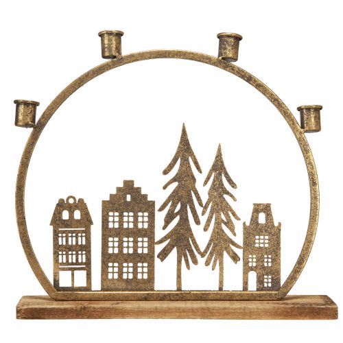 Prodotto Portacandele a stelo natalizio fila di casette oro antico 36×32cm