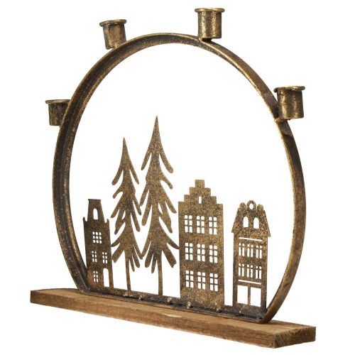 Prodotto Portacandele a stelo natalizio fila di casette oro antico 36×32cm