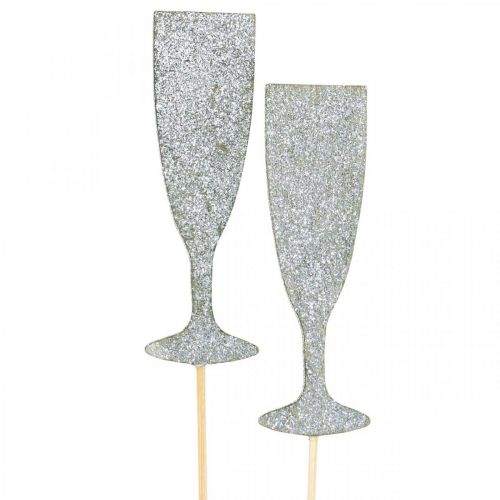 Decorazione di capodanno bicchiere di champagne tappo fiore d&#39;argento 9 cm 18 pezzi