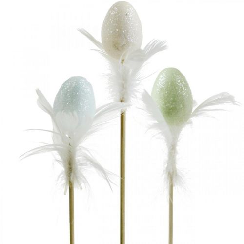 Floristik24 Uova di Pasqua artificiali su bastoncino uovo decorativo pastello con piume H4cm 18 pz