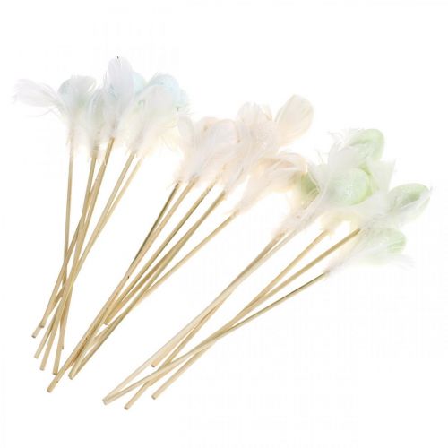 Floristik24 Uova di Pasqua artificiali su bastoncino uovo decorativo pastello con piume H4cm 18 pz