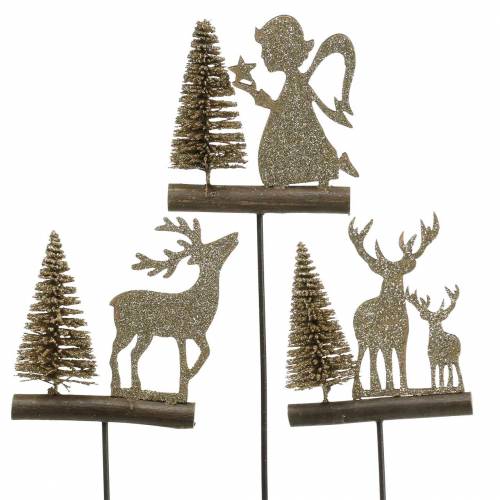 Deco plug renna e angelo con abete legno glitter oro H45cm 3pz