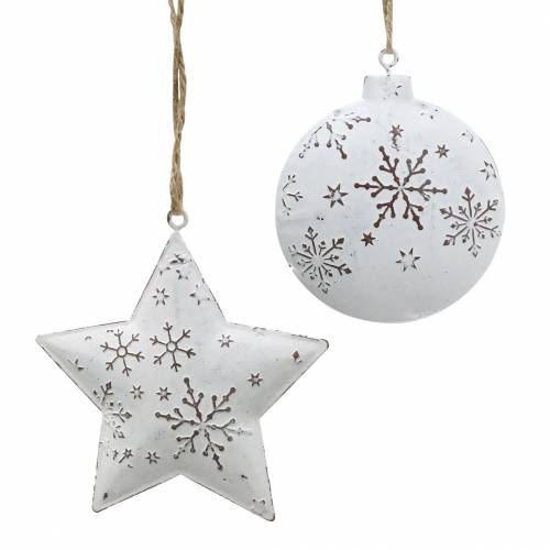 Appendino decorativo stella e palla albero di Natale con fiocchi di neve in metallo bianco Ø9,5 / 7,6 cm H10 / 9,2 cm 4 pezzi