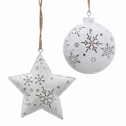 Floristik24 Appendino decorativo stella e palla albero di Natale con fiocchi di neve in metallo bianco Ø9,5 / 7,6 cm H10 / 9,2 cm 4 pezzi