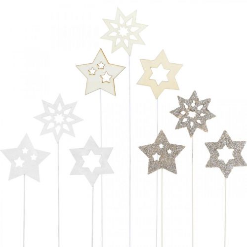 Floristik24 Stelle con tappi di fiori, Avvento, decorazione floreale, stelle in legno naturale, bianco, glitter oro L27/28,5 cm 18 pezzi