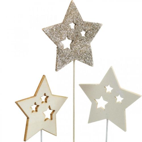 Floristik24 Stelle con tappi di fiori, Avvento, decorazione floreale, stelle in legno naturale, bianco, glitter oro L27/28,5 cm 18 pezzi