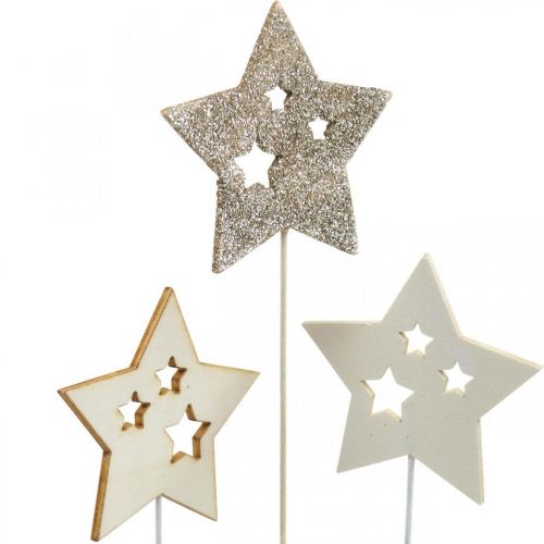 Prodotto Stelle spina fiore, Avvento, decorazione floreale, stelle in legno natura, bianco, glitter oro L27 / 28,5 cm 18 pezzi