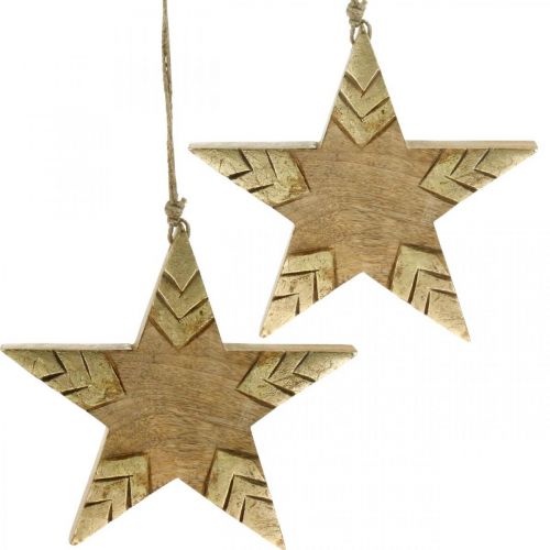 Stella in legno di mango naturale, stella in legno dorato grande da appendere 25 cm 2 pezzi