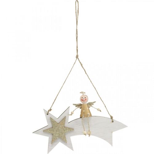 Prodotto Angelo su stella cadente, decorazione natalizia da appendere, Advent White, Golden H13cm W21.5cm 2 pezzi
