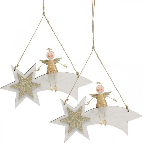Floristik24 Angelo su stella cadente, decorazione natalizia da appendere, Advent White, Golden H13cm W21.5cm 2 pezzi