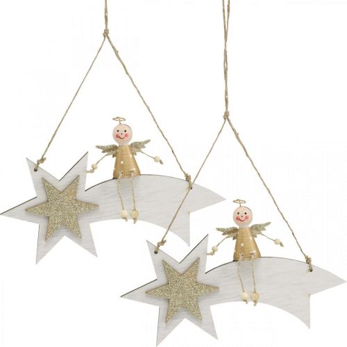 Prodotto Angelo su stella cadente, decorazione natalizia da appendere, Advent White, Golden H13cm W21.5cm 2 pezzi