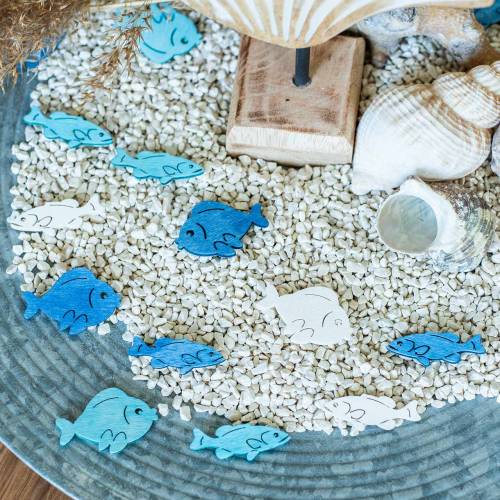 Floristik24 Decorazione a dispersione pesce in legno bianco, blu, azzurro 4 cm 72 pz