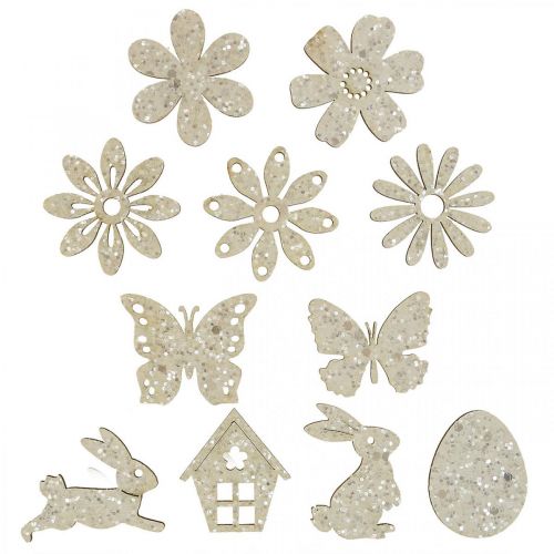 Decorazione in legno, pezzi sparsi primavera Pasqua bianco 2–4cm 64p