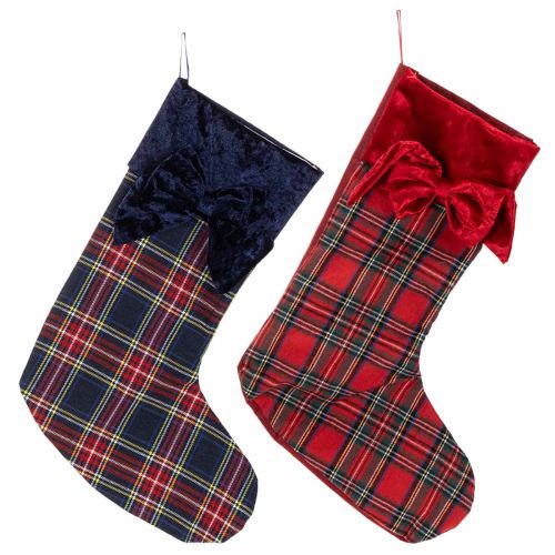 Stivale di Babbo Natale a scacchi con fiocco per appenderlo, 43 cm, 2 pezzi