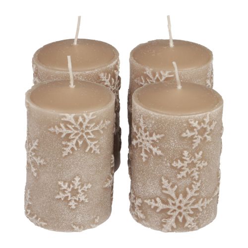 Floristik24 Candele a colonna candele beige fiocchi di neve 100/65mm 4 pezzi