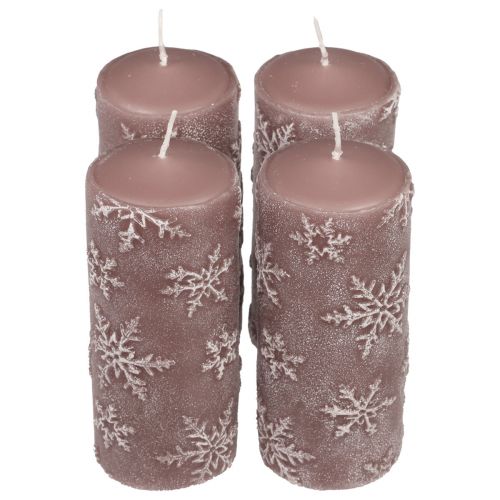 Floristik24 Candele a colonna candele rosa fiocchi di neve 150/65mm 4 pezzi