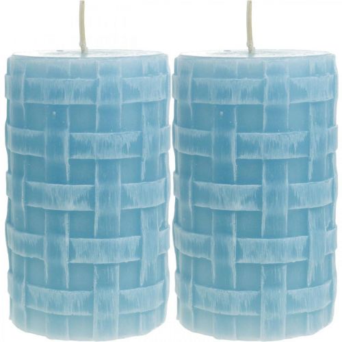 Floristik24 Candele in cera modello cesto, candele pilastro, candele Rustico azzurro 110/65 2pz