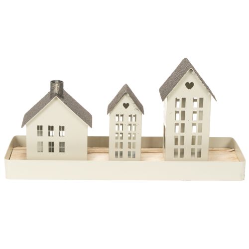 Set di fari in metallo, tre casette su vassoio, 35 cm, 1 set | Floristik24.it