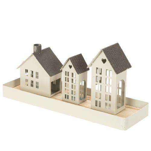Set di fari in metallo, tre casette su vassoio, 35 cm, 1 set | Floristik24.it