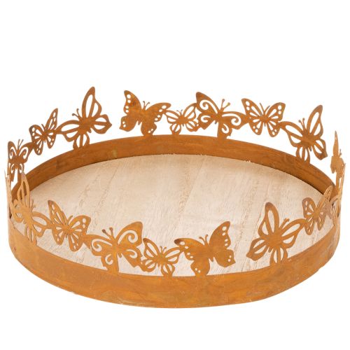 Vassoio con farfalle, primavera, decorazione da tavola, decorazione in metallo, finitura effetto ruggine, Ø20cm H6.5cm