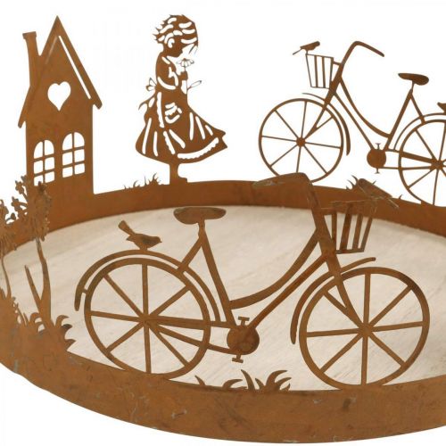 Prodotto Vassoio decorativo ragazza con fiore, decorazione in metallo con patina di dente di leone della casa della bicicletta Ø24cm H11cm