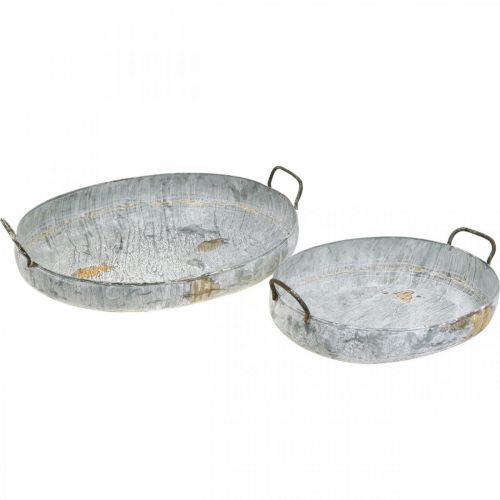 Ciotola in metallo con manici, fioriera, vassoio decorativo effetto antico lavato bianco L51/40,5 cm set di 2