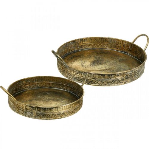 Ciotola decorativa con manici, vassoio per piante fantasia, vaso in metallo dorato, aspetto antico L45,5/42 cm Ø39,5/34 cm set da 2