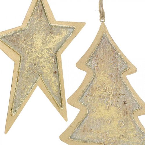 Prodotto Ciondoli in metallo abete e stella, decorazioni per l&#39;albero di Natale, decorazioni natalizie dorate, aspetto antico H15.5 / 17cm 4 pezzi