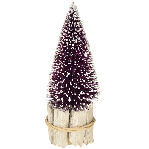 Albero di Natale decorativo viola con punta innevata su base rustica in legno da 15 cm, 3 pezzi.