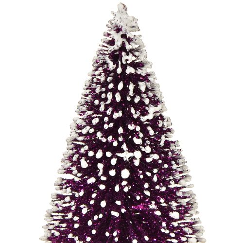 Prodotto Albero di Natale decorativo viola con punta innevata su base rustica in legno da 15 cm, 3 pezzi.