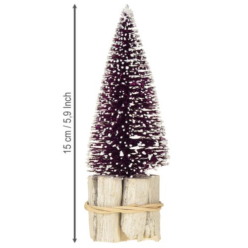 Prodotto Albero di Natale decorativo viola con punta innevata su base rustica in legno da 15 cm, 3 pezzi.