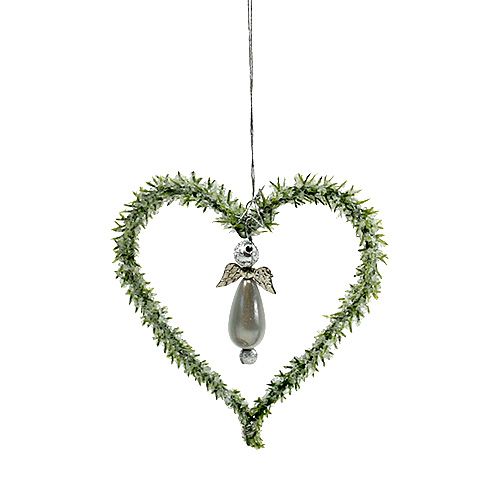 Cuore di pino da appendere con angelo 8 cm verde 6 pezzi Cuore di pino da appendere con angelo 8 cm verde 6 pezzi