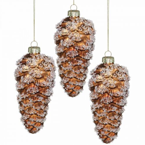 Floristik24 Pigne con neve, decorazioni natalizie, decorazioni per alberi di Natale Marrone H13cm Ø6cm Vero vetro 3 pezzi