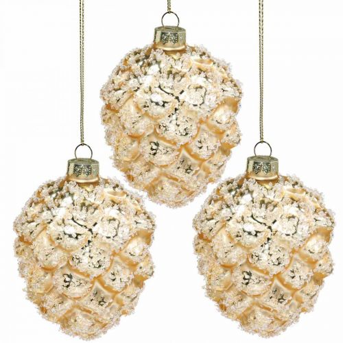 Coni da appendere, decorazioni per alberi, coni decorativi innevati Oro H9,5 cm Ø8 cm vero vetro 3 pezzi