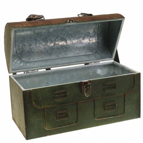 Floristik24 Borsa fioriera con coperchio e cinturini in pelle metallo grigio, marrone / ruggine H25cm