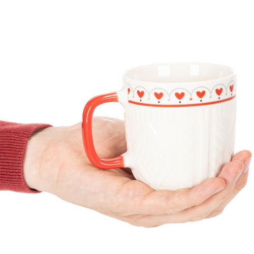 Tazza da caffè con manico rosso, motivo a maglia e decorazione a cuore, in ceramica, 9 cm, 2 pezzi | Floristik24.it