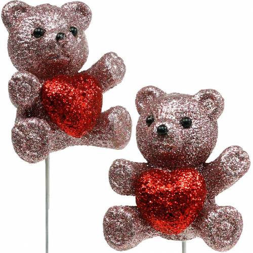 Floristik24 Plug decorativo orso con cuore, San Valentino, plug fiore glitter 9pz